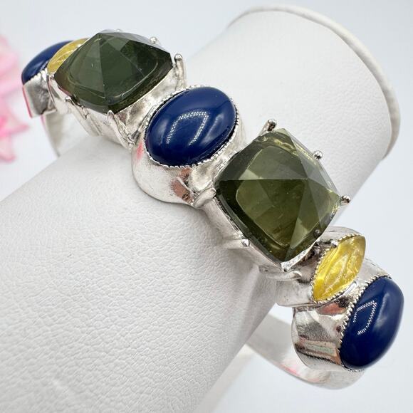 Monet Chunky Jewel Cuff Bracelet Silver Tone Signed Gala Event Elegant Occasion - Picture 1 of 13